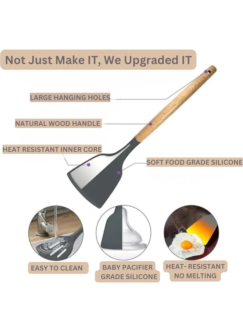 11 Piece Silicone Cooking Utensils Set with Wooden Handles and Cylindrical Holder Heat Resistant and Non Stick Black and Brown - Image 4